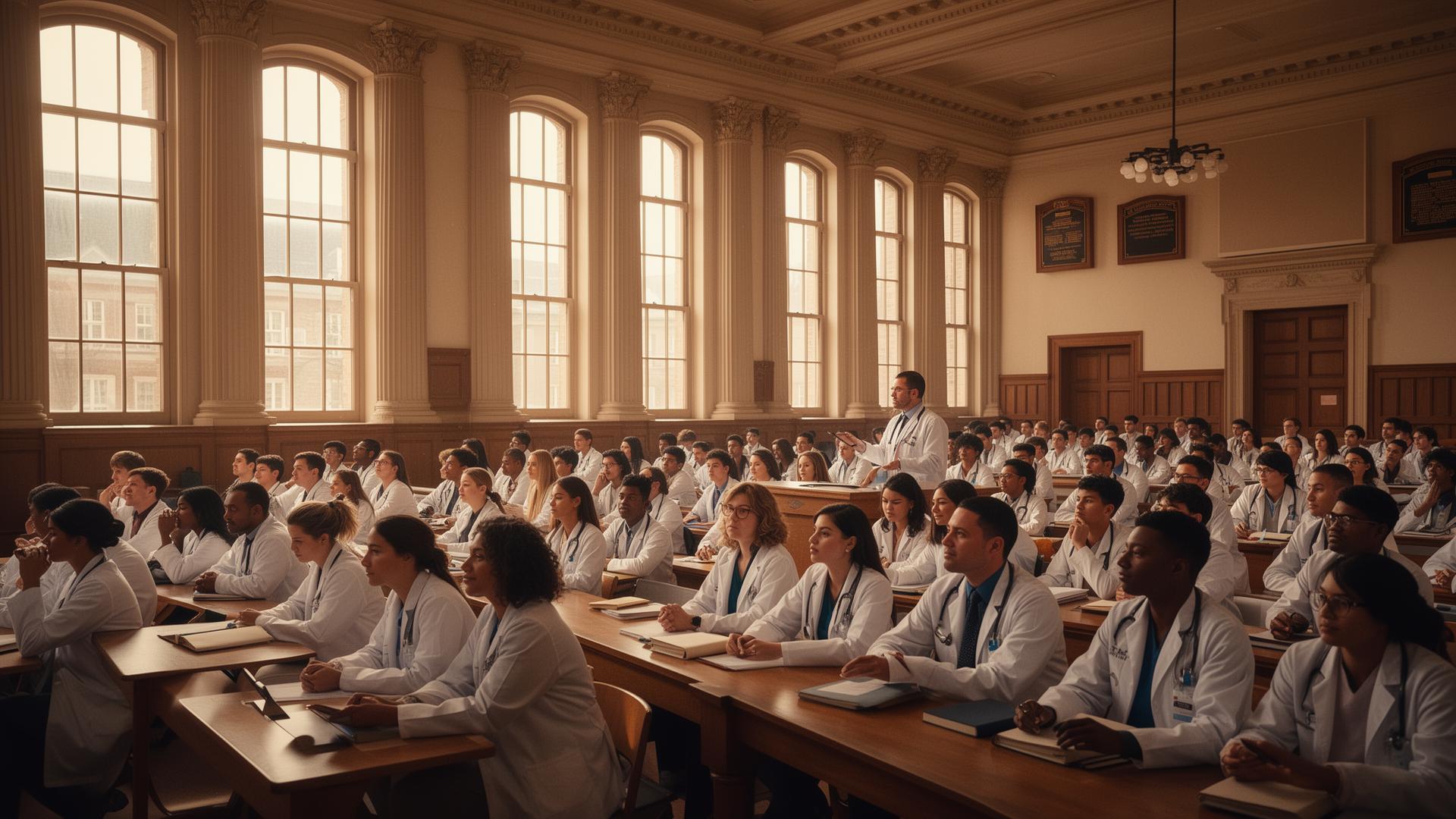 Medical students in an American medical school lecture hall